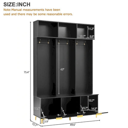 Storage Hall Tree with Bench, Multi-functional Storage Bench with High Gloss Fluted Doors, Coat Rack with 6 Hooks and Legs