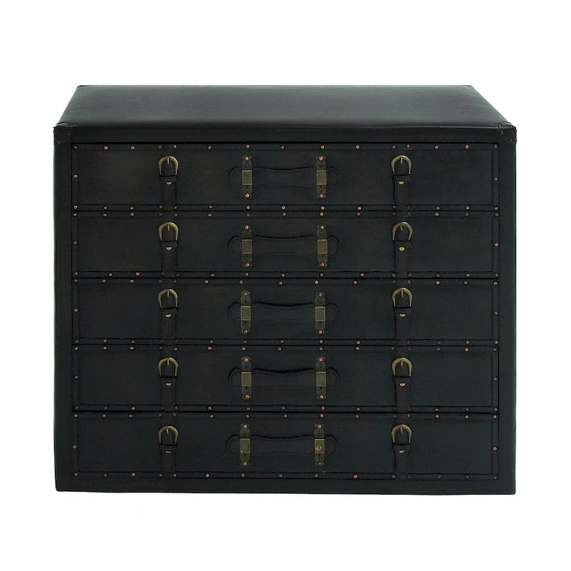 Wooden Vintage Faux Leather Room Chest with Buckles and Straps Detailing - Black