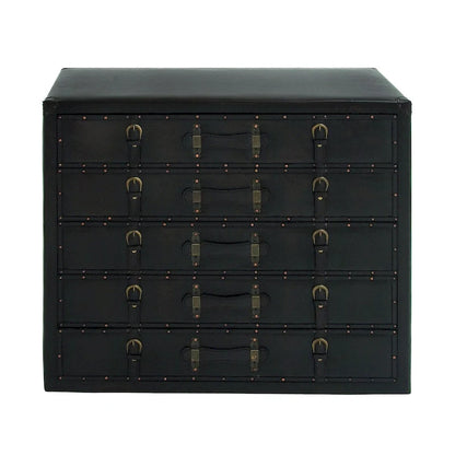 Wooden Vintage Faux Leather Room Chest with Buckles and Straps Detailing - Black