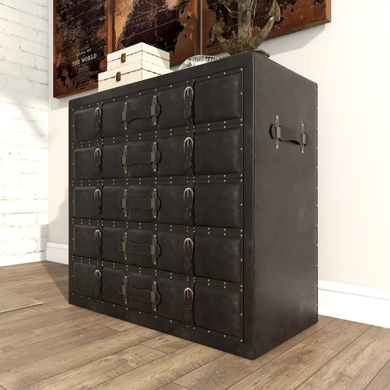 Wooden Vintage Faux Leather Room Chest with Buckles and Straps Detailing - Black