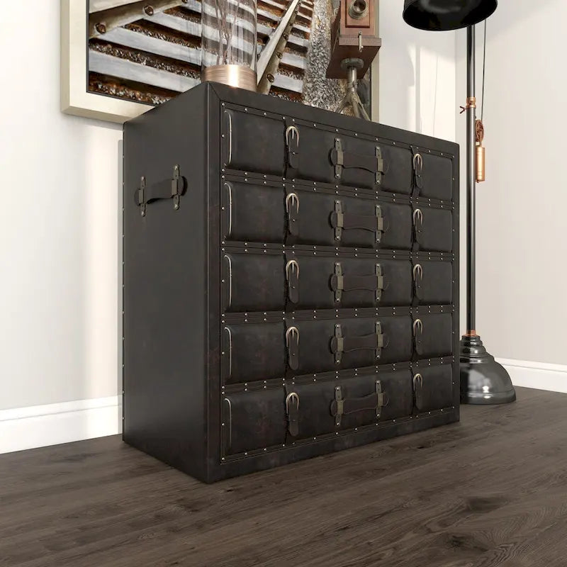 Wooden Vintage Faux Leather Room Chest with Buckles and Straps Detailing - Black
