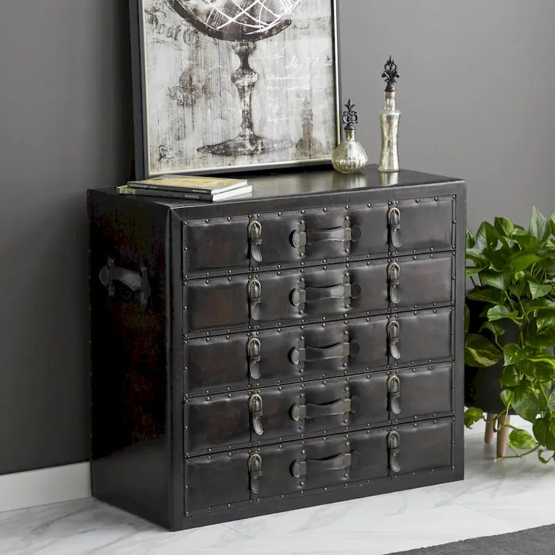 Wooden Vintage Faux Leather Room Chest with Buckles and Straps Detailing - Black