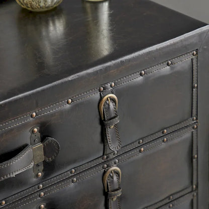 Wooden Vintage Faux Leather Room Chest with Buckles and Straps Detailing - Black